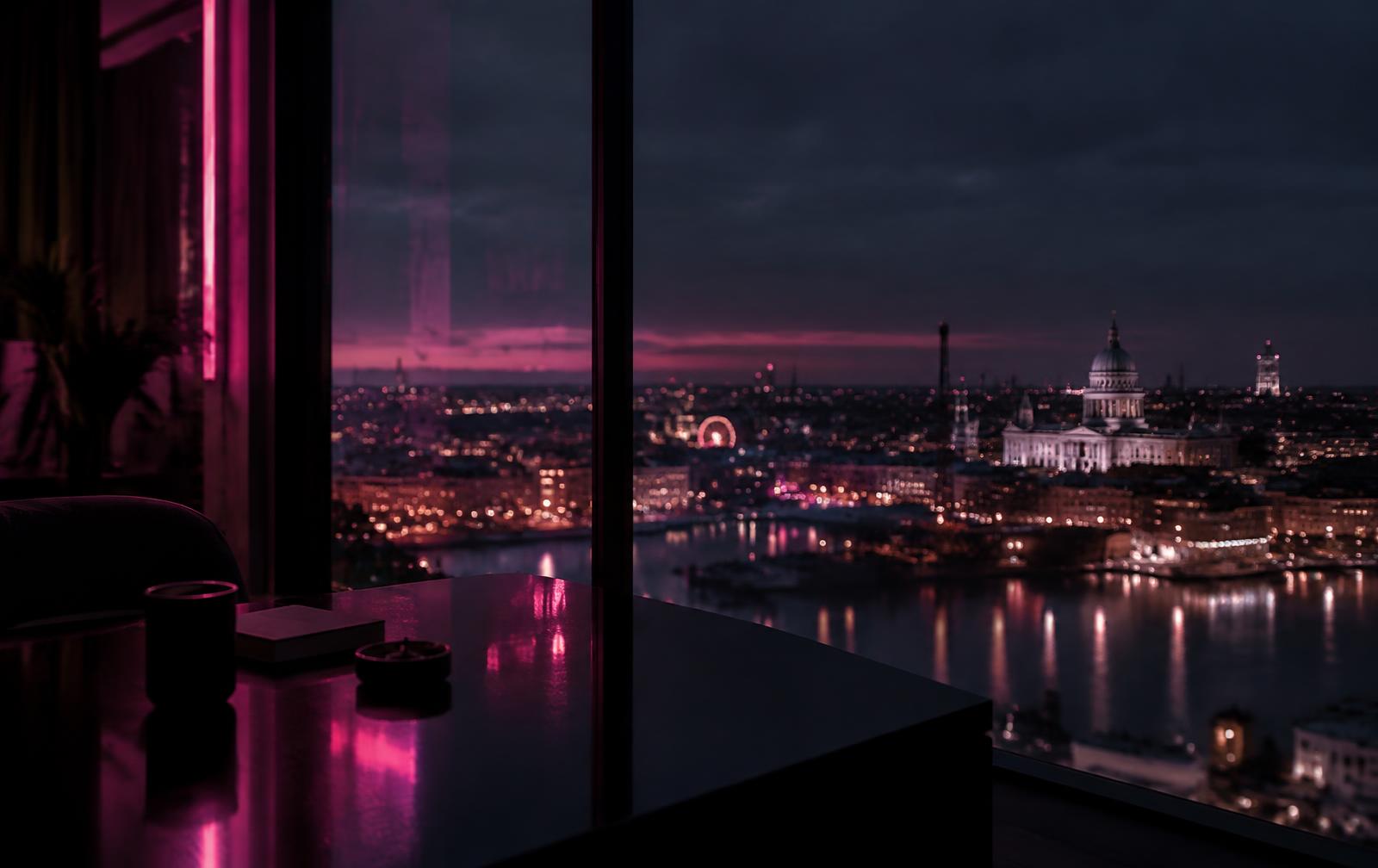 Abstrakteja neonmuotoja pinkissä ja limenvihreässä tummalla seinällä